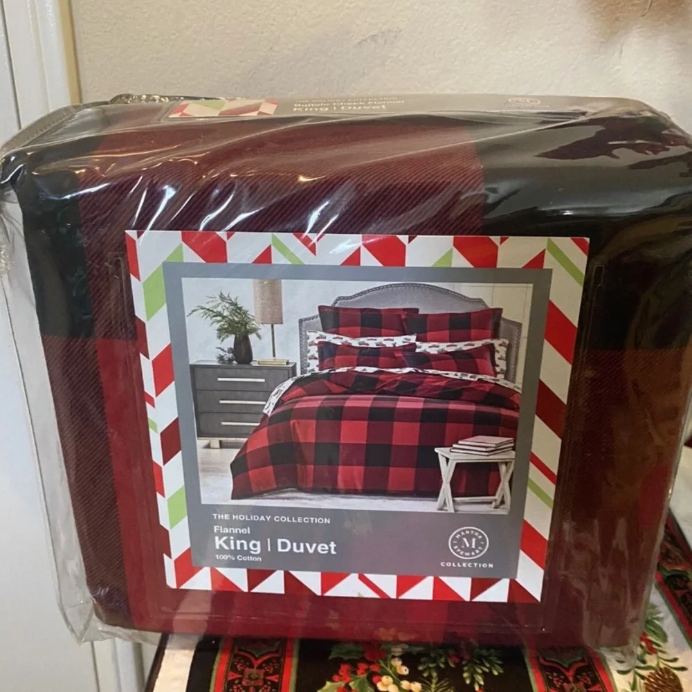 Martha Stewart Buffalo Plaid Flannel Cotton KING Duvet Cover Red / Black $200